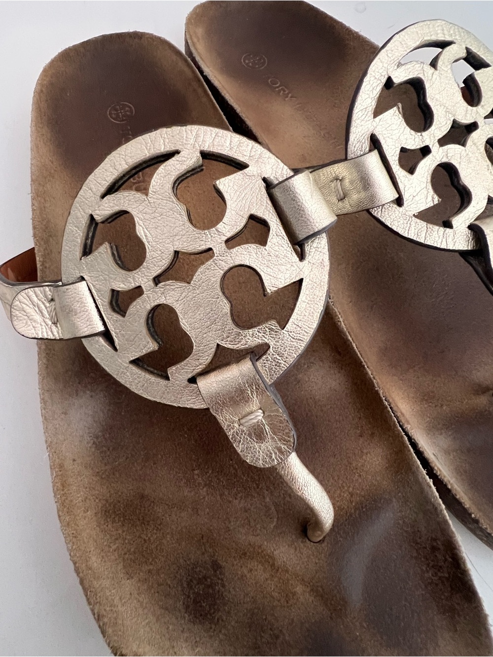 Tory Burch Miller Cloud Metallic Spark Gold Leather Cork Sandals Women's 10